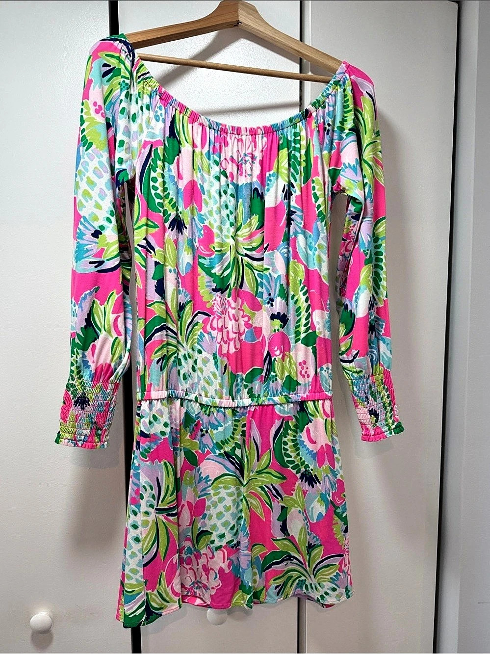 Lilly Pulitzer Maryellen Off-The-Shoulder Dress Floral Mini Dress Pink & Green